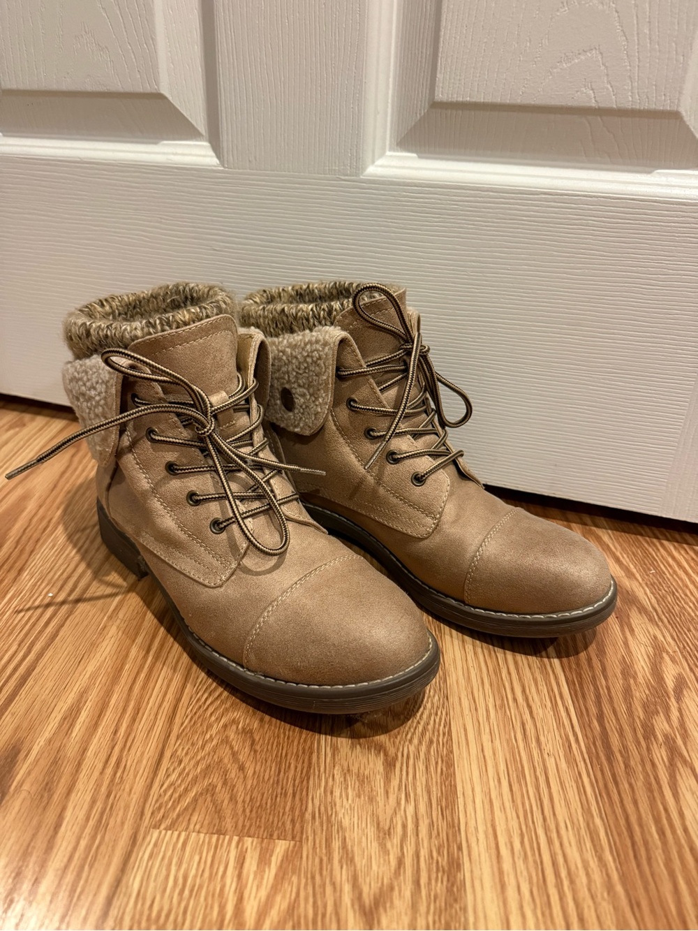 Cliffs by WHITE MOUNTAIN Taupe Lace-Up Faux Suede Ankle Boots with Knit Cuff